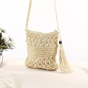Beach Please Weaving Rattan Shoulder Bag Straw Tassel Beachy Crossbody, Beige